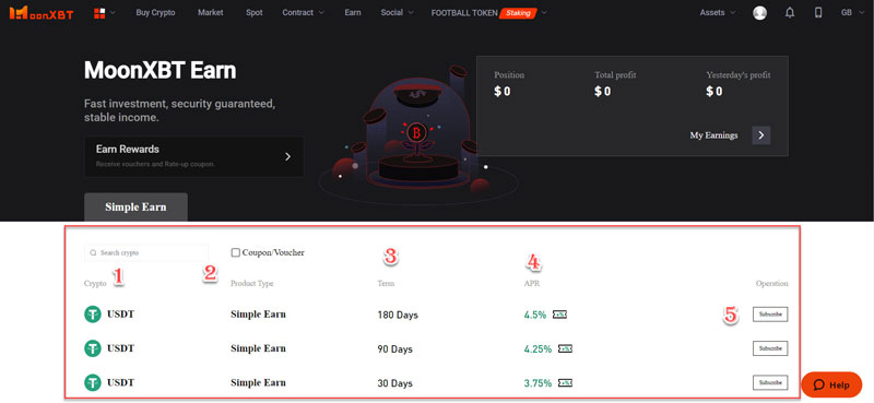 بخش simple earn صرافی MoonXBT