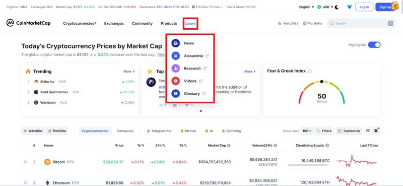 بخش یادگیری کوین مارکت کپ CoinMarketCap