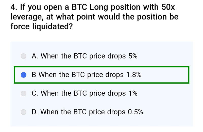 سوال چهارم از سوالات فیوچرز بینگ ایکس: اگر موقعیت BTC Long را با اهرم 50x باز کنید، موقعیت در چه نقطه ای لیکویید خواهد شد؟