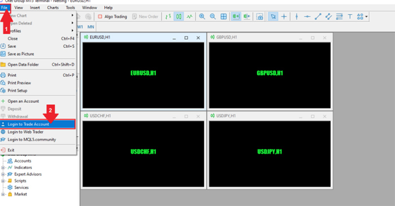 پس از نصب، برنامه متاتریدر را باز کنید. در منوی بالای صفحه، گزینه ‘File’ (فایل) را انتخاب کرده و سپس ‘Login to Trade Account’ (ورود به حساب معاملاتی) را بزنید.