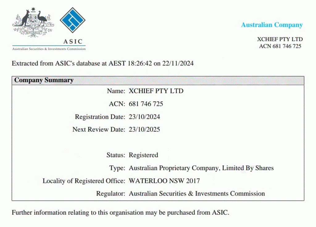 ثبت رسمی بروکر ایکس چیف در کمیسیون اوراق بهادار و سرمایه گذاری استرالیا ASIC
