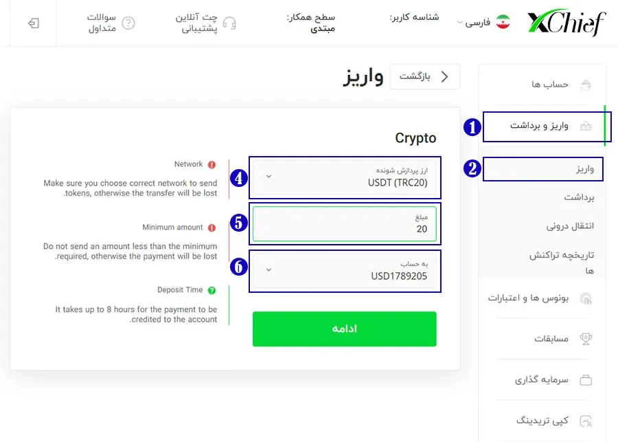 آموزش واریز با کریپتو در بروکر ایکس چیف